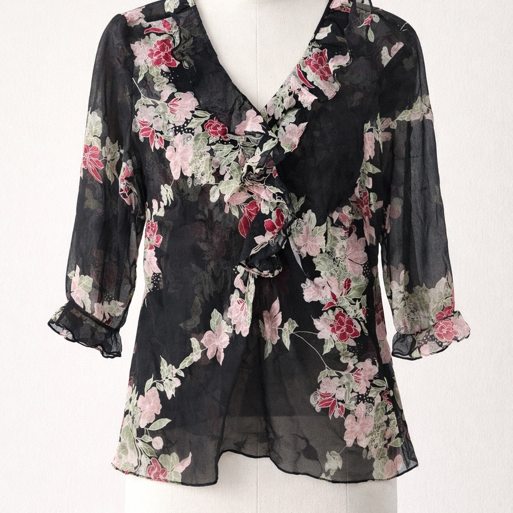 90s 100% Silk ICE Floral Fairycore Blouse EUC Vintage Coquette size L